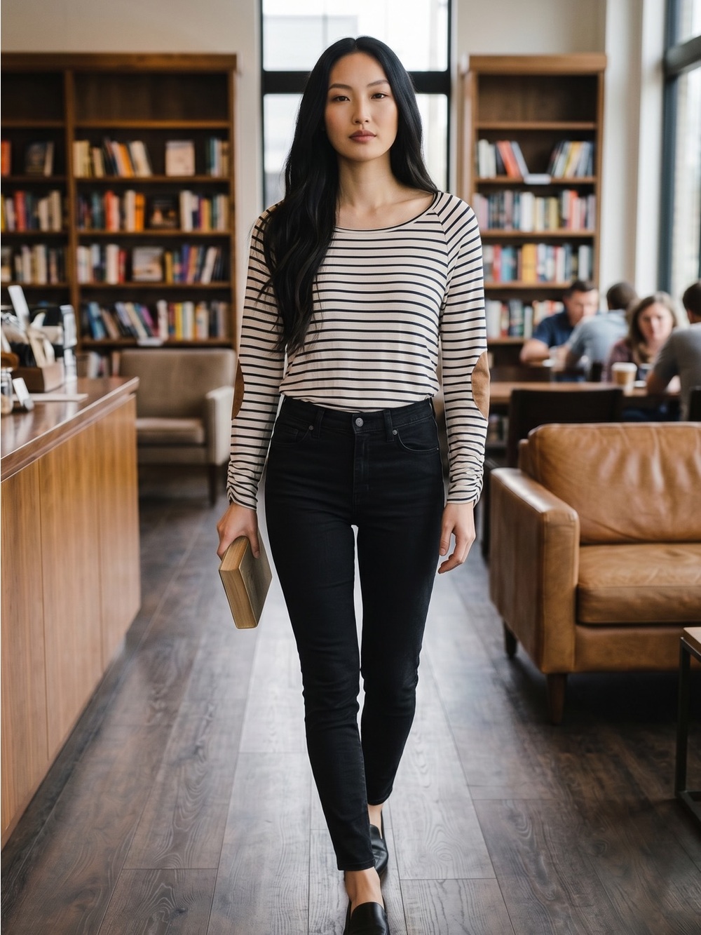 Striped Long Sleeve Tee with Elbow Patches - Cream/Black